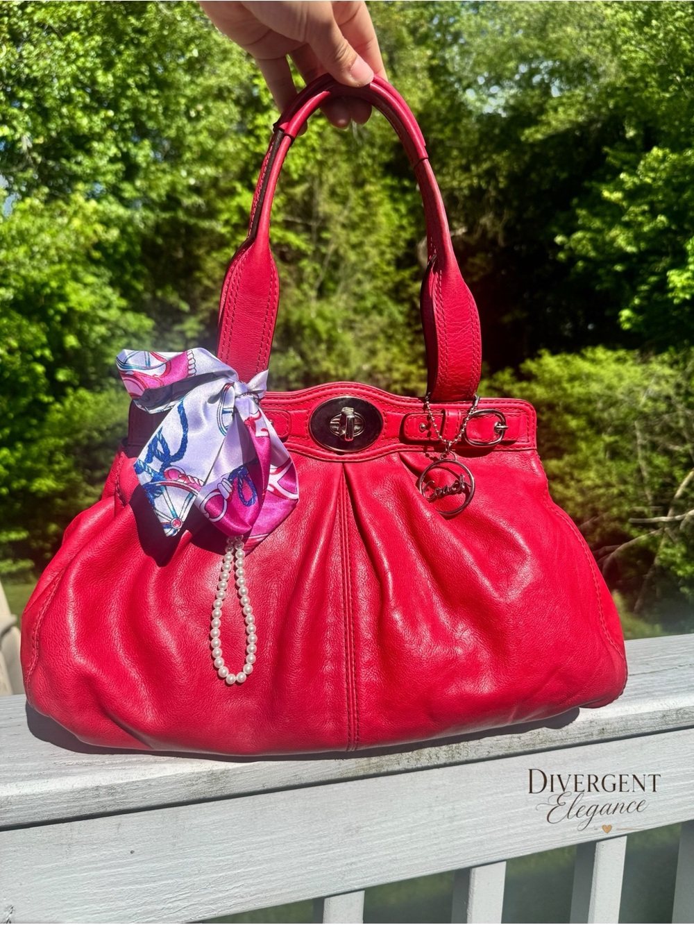 Coach Garnet Pleated Leather Satchel Carryall Pink Red Turnlock Shoulder Bag